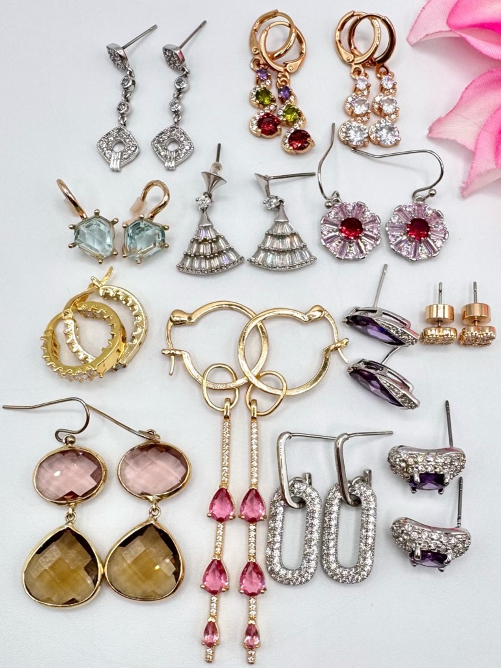 13 Pair CZ Crystal And Rhinestone Earring Lot Modern Blingy Sparkling Icy Glam